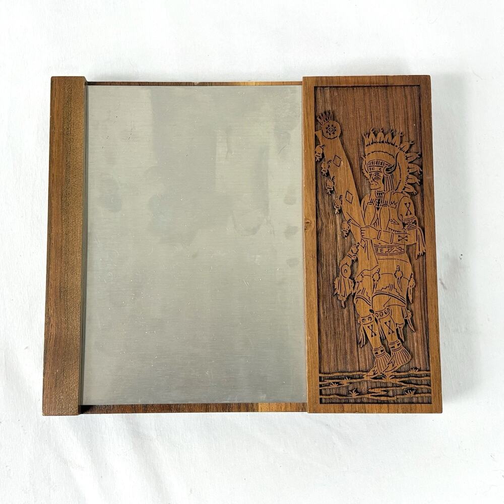 Vtg Laser Engraved Walnut Native American Chief Calendar Desk Note Holder Jansco